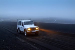 Land Rover Defender in the fog in Iceland