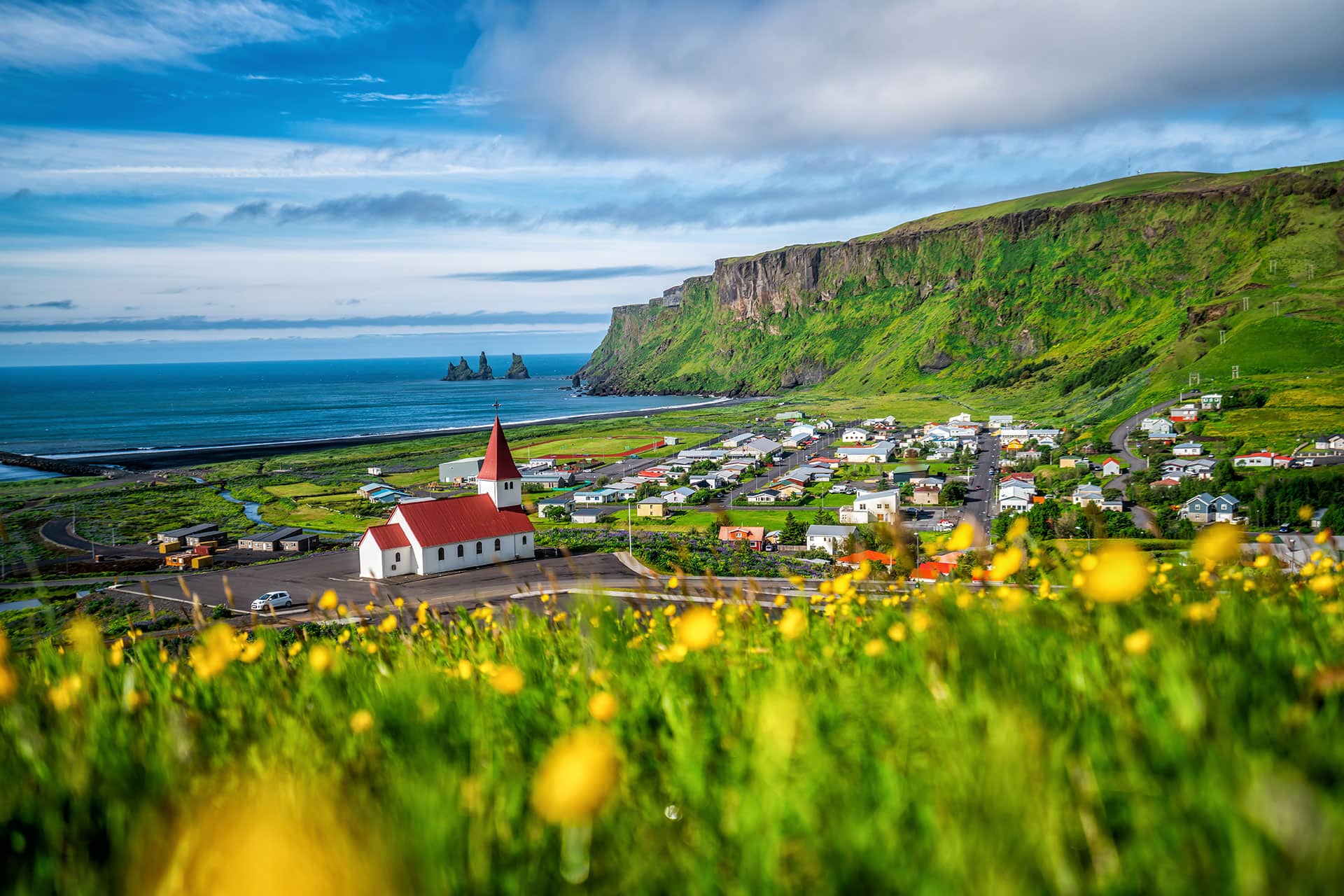 View of the South Coast of Iceland, featuring the town of Vik