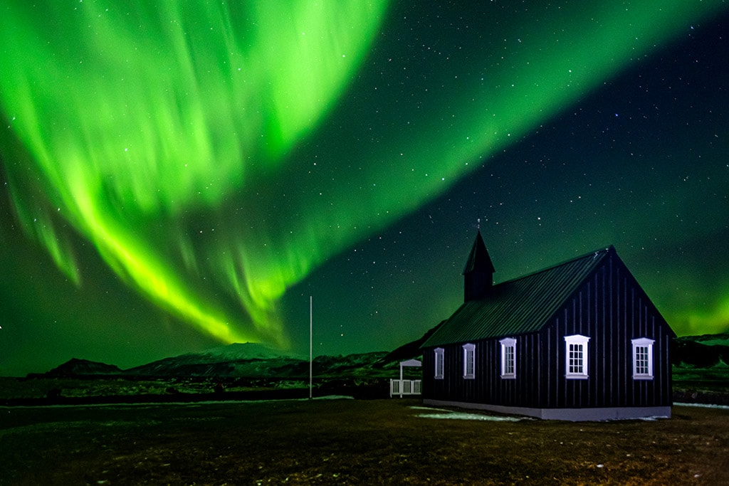 Búðakirkja Church under the Northern Lights