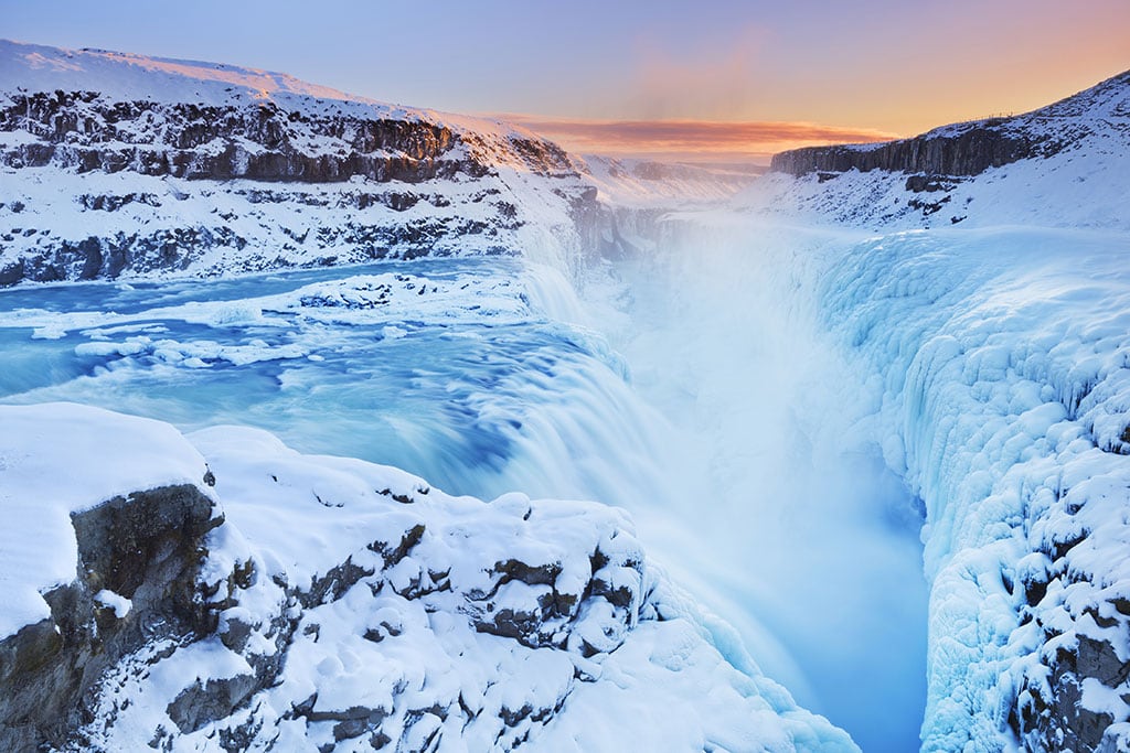 The frozen Gullfoss waterfall in wintertime