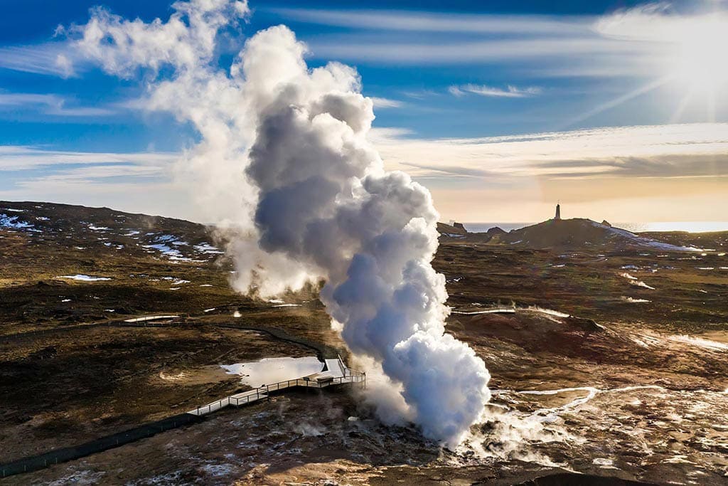 Steam rising from Gunnuvher geothermal area on the Reykjanes peninsula