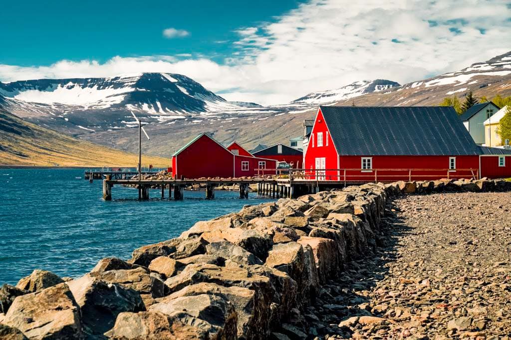 Red houses in the bay in Eskifjordur
