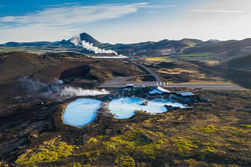 Aerial landscape of Myvatn Nature Baths North Iceland and its surrounding nature