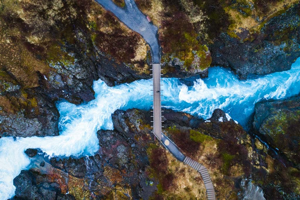 Hraunfossar and barnafoss waterfalls aerial view
