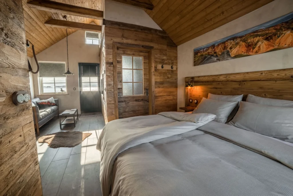 Cozy rustic bedroom, wooden decor