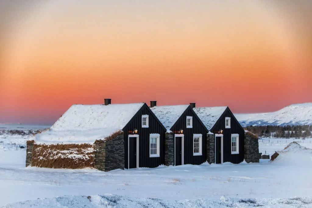 Black cottages in snowy landscape