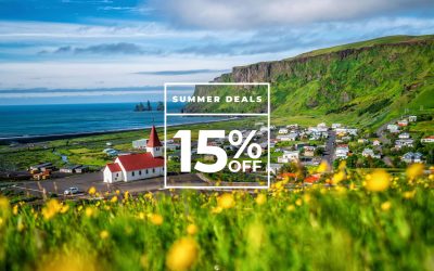 Vibrant Icelandic field in bloom, highlighting summer deals with up to 15% off on selected tours.