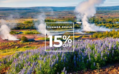 Steaming geothermal area in Iceland, showcasing summer deals with up to 15% off on selected tours.