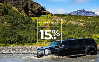 : Adventurous off-road vehicle crossing a river in Iceland, offering summer deals with up to 15% off on selected tours.