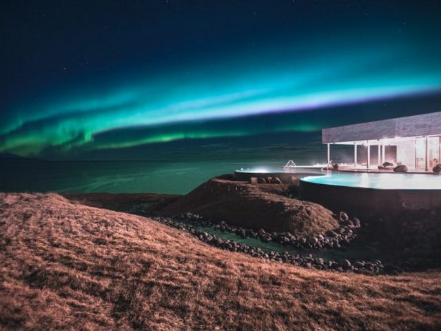 Northern lights over at GeoSea Baths in North of Iceland