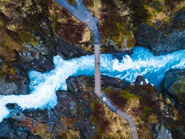 Hraunfossar and barnafoss waterfalls aerial view