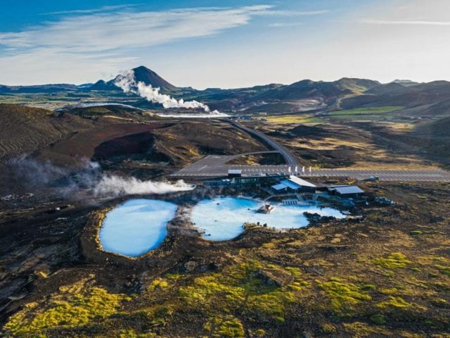 Aerial landscape of Myvatn Nature Baths North Iceland and its surrounding nature